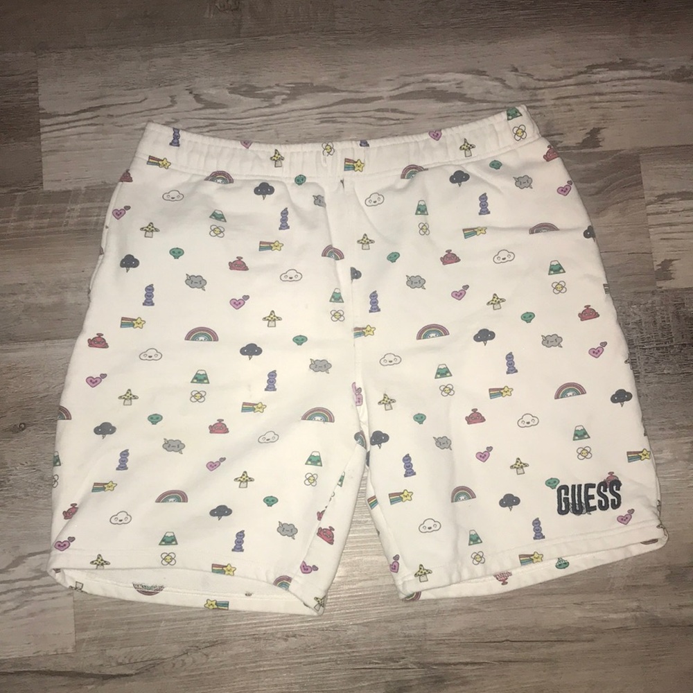 Guess white colorful emojis rainbow flowers clouds mushroom fleece shorts sz M